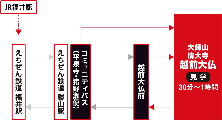 JR福井駅から徒歩すぐの「えちぜん鉄道福井駅」より「えちぜん鉄道勝山駅」まで約1時間。コミュニティバス（平泉寺・猪野瀬便）に乗車し、越前大仏前下車（約20分）。徒歩約8分で大師山清大寺越前大仏。タクシーの場合、えちぜん鉄道勝山駅から越前大仏まで約10分（約1,500円）